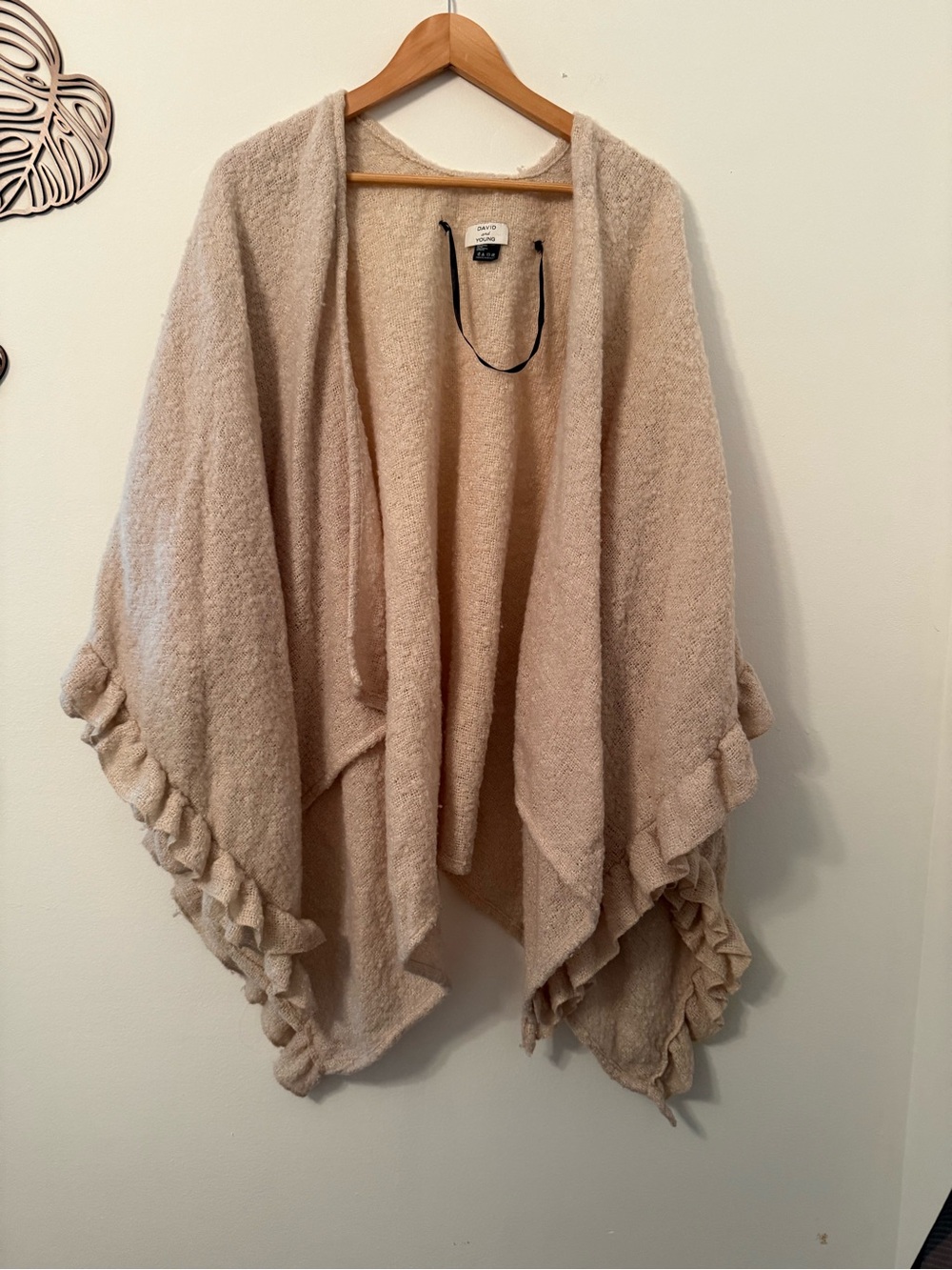 David and Young Cream Ruffle-Trim Open Wrap Poncho